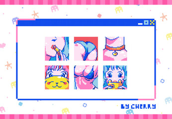 Pixel Art Anime Girls Cute Set. 8bit retro style sexy, romantic, hot and cute young girls or women. Lips, neck, eyes, face, chest, butt, bikini, summer swimsuit. Pack of avatars, stickers or badges.
