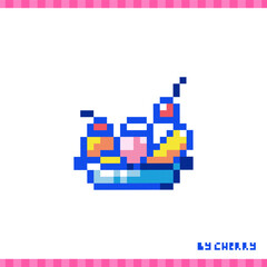 Pixel art retro Banana Split. 90s 8bit style illustration of banana sweet dessert ice cream. Cute pixel art food sticker or game element.