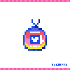 Obraz premium Pixel art retro game console icon. 90s 8bit style illustration of pocket egg shaped gadget with animal pet game. Cute pixel nostalgia sticker 