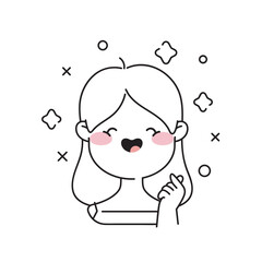 Girl Enjoys Her Beauty. Korean style skincare or hair care concept icons. Black outline illustration on a white background. 