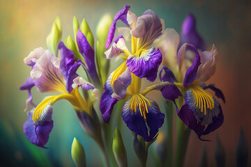 Fresh spring violet Iris flower blooming with blur background. Generative AI