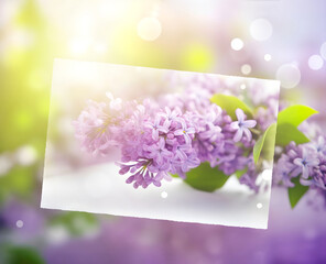 The beautiful branch of blooming lilac flowers on blurred green and violet background. Generative AI