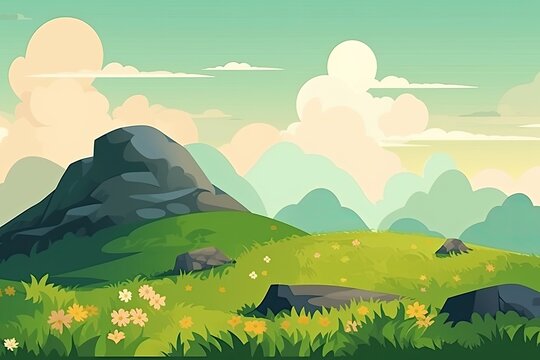 cartoon mountain landscape with rocks and flowers Generative AI