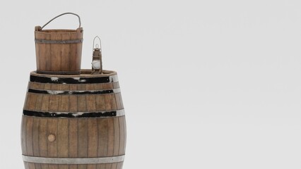 vintage lantern wine barrel and wooden basket isolated on white background close up in isometric view.