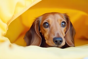 curious dachshund peeking out from under a cozy blanket Generative AI