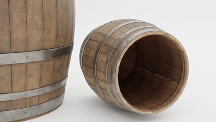 wooden wine barrel close up isolated on white background.