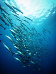 Fototapeta na wymiar School of fish, mackerel fishes under the water deep sea sun rays