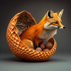 red fox sitting in a paper made bascket