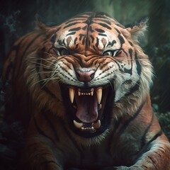 A ferocious and angry looking tiger with mouth open, created using Generative AI.