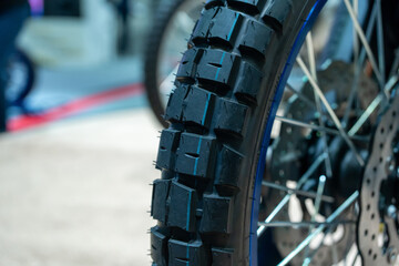 Close up motorcycle tire Big bike tire width tire size.