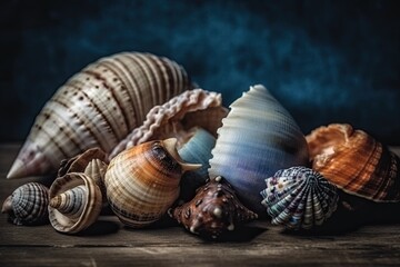 collection of seashells arranged on a wooden surface Generative AI