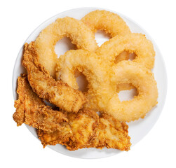Fried shrimp donut and Crispy Fried Chicken Breast Cutlets in white plate on white background, Fried Chicken and shrimp donut on white PNG file.