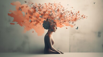 Addressing mental health issues. Profile view of person's head with abstract pieces floating around, symbolizing the mental and emotional fragments that contribute to our mental health. Generative AI