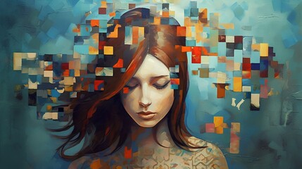 Addressing mental health issues. Profile view of person's head with abstract pieces floating around, symbolizing the mental and emotional fragments that contribute to our mental health. Generative AI