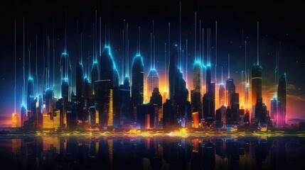 Neon Night skyline with glowing lights, Neon 3D abstract mountains, 3d abstract cit inside Metavarse Virtual World creates a magical environment with a heavy neon glow, wallpaper and backgrounds