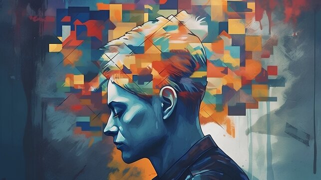 Addressing mental health issues. Profile view of person's head with abstract pieces floating around, symbolizing the mental and emotional fragments that contribute to our mental health. Generative AI
