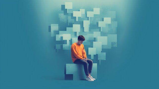 Conceptual representation of mental health issues. Person sitting, lost in thought, against an abstract background of interconnected cubes. Complexity of mental health. Generative AI