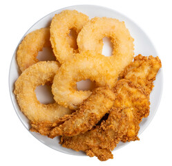 Fried shrimp donut and Crispy Fried Chicken Breast Cutlets in white plate on white background, Fried Chicken and shrimp donut on white PNG file.
