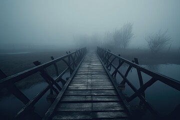 Wooden bridge in fog. Generative AI.