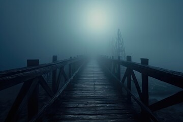 Fototapeta premium Wooden bridge in fog. Generative AI.