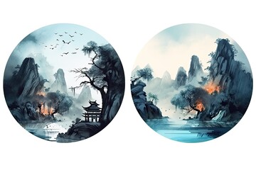 Chinese watercolor painting of a mountain landscape. Generative AI.