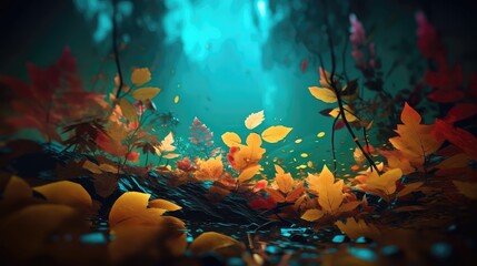 Fototapeta na wymiar Deep neon colorful forest at night with glowing leaves and glowing moonlight, Neon 3d Landscape inside Metavarse Virtual World creates a magical environment with a heavy aqua, yellow, blue, and orange