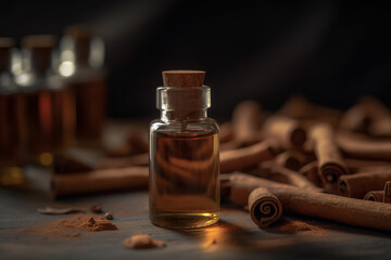 Essential oil extract Cinnamon Cassia into a little bottle on wooden table. Created with generative AI tools