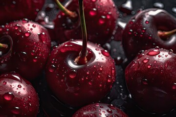 Fresh Ripe Red Cherry with Water Drops Close Up on Organic Background. Healthy Fruit Agriculture and Refreshing Water Drop Focus. Generative AI illustrations.
