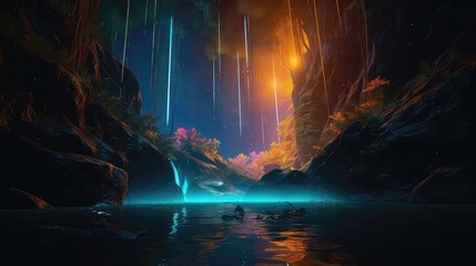 Neon rain and lake with glowing water and  forest magical environment,  virtual reality world with Neon 3d Abstract Landscape inside Metaverse world with glowing neon light and glow