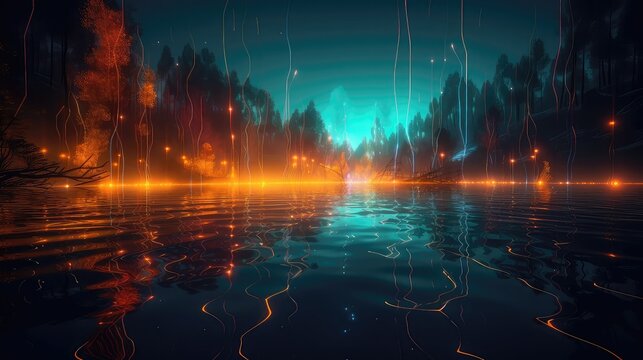 Neon glowing fire in the lake with glowing forest with water inside magical environment,  virtual reality world with Neon 3d Abstract Landscape inside Metaverse world with glowing neon light and glow