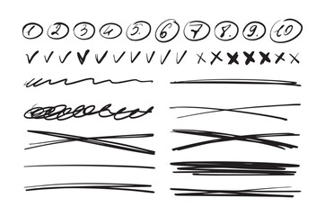 Set of underline lines, scribbles with pen, marker, numbers from 1 to 10, cross and check mark, handwriting text design elements. Vector illustration isolated on white background.
