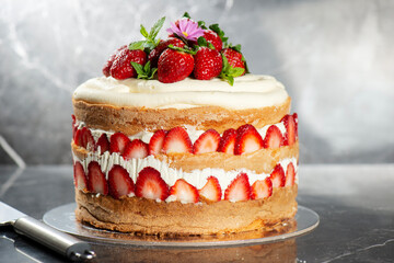 Victoria Sponge Cake with delicious Chantilly cream and fresh strawberries