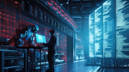 Human and robots managing the automated production process, Robotic hands working in production, industries are using robotic, robots to help in production, and robot hands are busy in the workshop