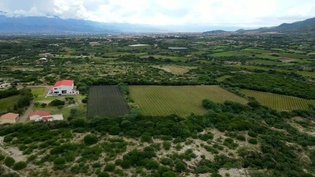 Aerial shot drone orbits to left in wide shot of bodega and vineyard on Ruta del Vino
