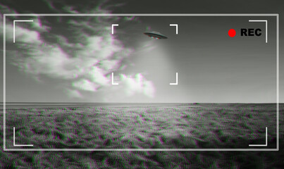 UFO, alien and viewfinder on a camera display to record a flying saucer in the sky over area 51. Camcorder, sighting and conspiracy with a spaceship on a recording device screen outdoor in nature