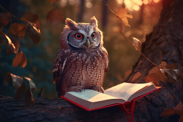 An owl is reading book, generative AI
