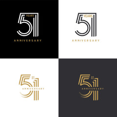 51 years anniversary vector number icon, birthday logo label, black, white and colors with stripe number - obrazy, fototapety, plakaty