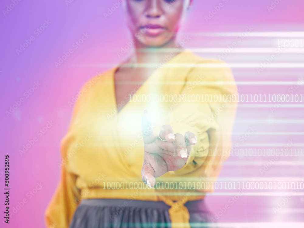 Poster touch, hologram and woman hand isolated on neon background in digital data, overlay and futuristic t