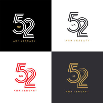 52 years anniversary vector number icon, birthday logo label, black, white and colors with stripe number