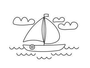 A sailboat sailing in ocean. Outdoor sports activity in summer holiday vacation concept. Black and white outline drawing.