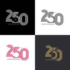 250 years anniversary vector number icon, birthday logo label, black, white and colors with stripe number - obrazy, fototapety, plakaty