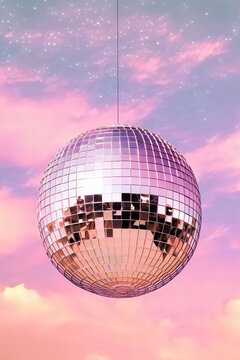 Disco Ball Hanging On Pink Pastel Dusk Cloud Background, Made With Generative Ai