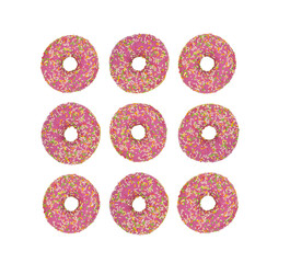 glazed pink donuts in a row isolated on white background 