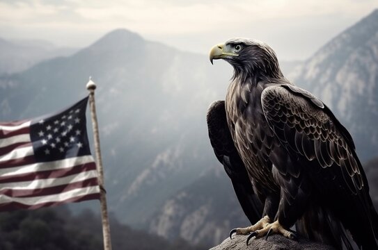 Águila calva con la bandera de Estados Unidos