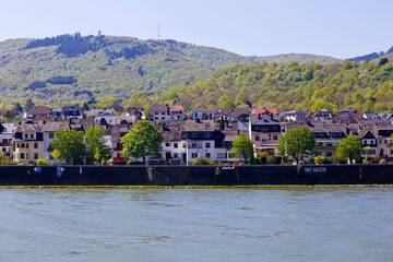 View of Bad Salzig ,small town with big hotel on the Rhine river bank in Rhineland-Palatinate, Germany.