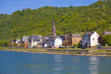 Fototapeta na wymiar Townscape of Upper Middle Rhine Valley (Tour boat), Rhineland-Palatinate, Germany.
