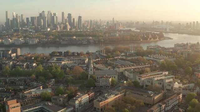 Aerial shot over Greenwich town towards the Cutty sark ship