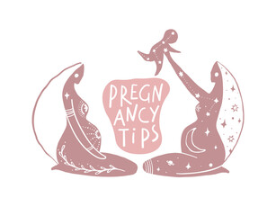 Pregnancy tips banner with two pregnant women and baby, stylized mystical boho pattern, doula, sacred femininity. Vector illustration isolated on white background.