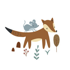 Cute fox in the forest. T-shirt graphics for kids vector illustration. Scandinavian design. Fir forest and fox.