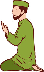 Islamic Man Sitting in Prayer Position Flat Hand Drawn Illustration